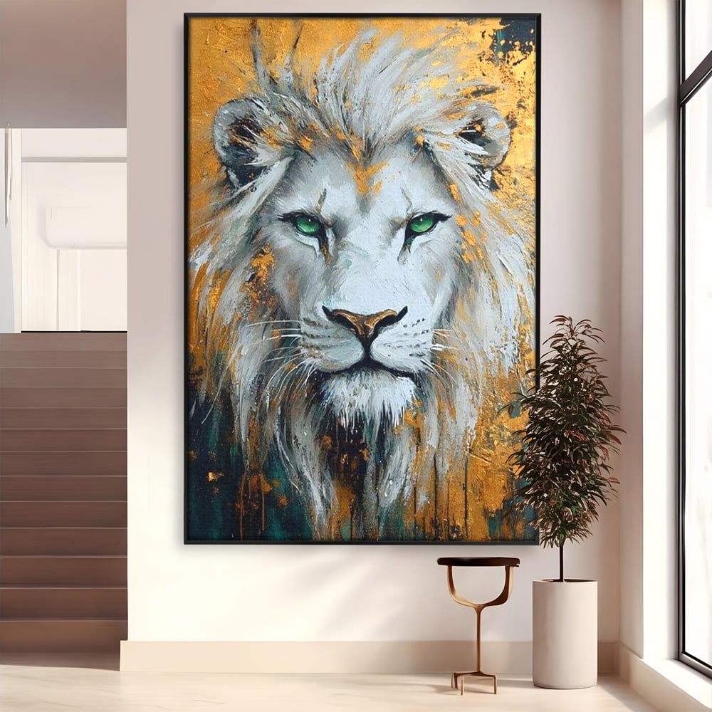 Tablou canvas cu tablou canvas cu leu alb si ochi verzi, in rama de aluminiu negru