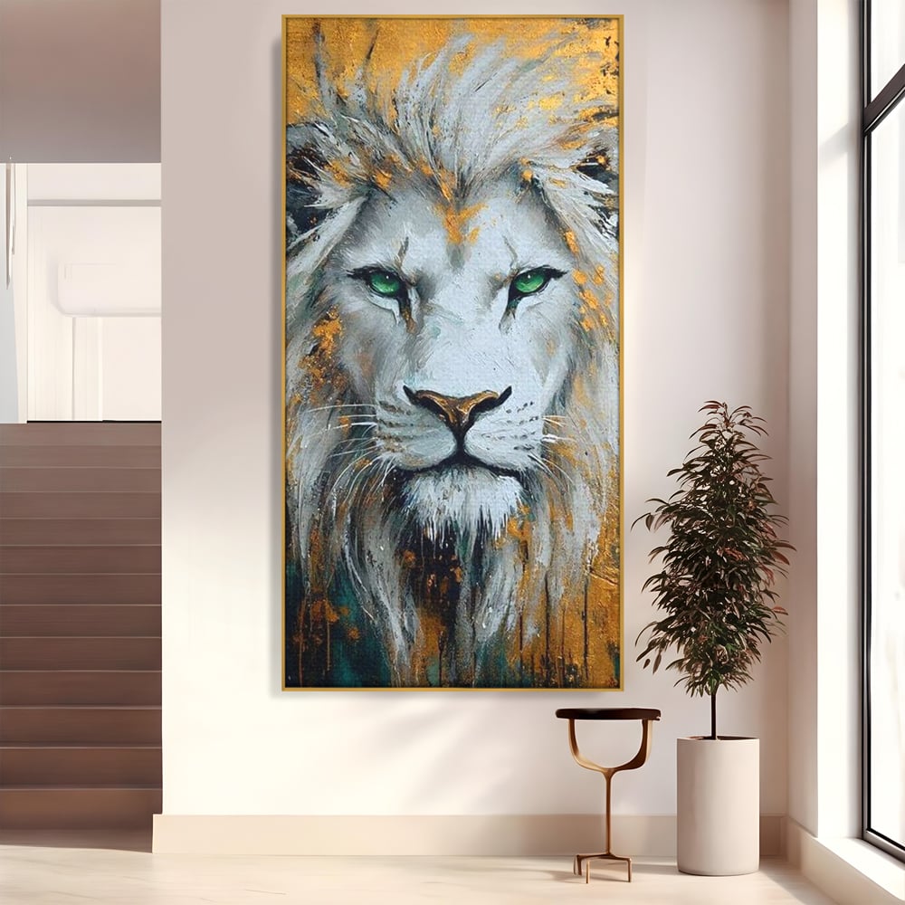 Tablou canvas cu tablou canvas cu leu alb si ochi verzi, in rama de aluminiu auriu