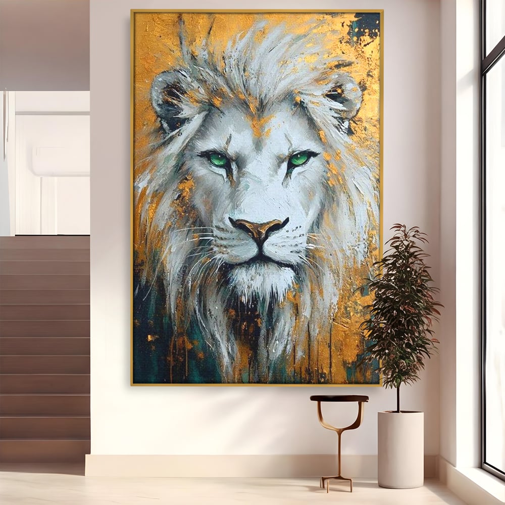Tablou canvas cu tablou canvas cu leu alb si ochi verzi, in rama de aluminiu auriu