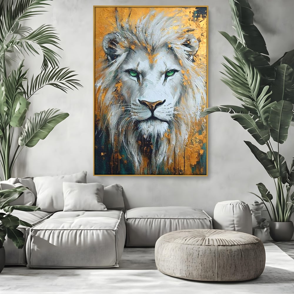 Tablou canvas cu tablou canvas cu leu alb si ochi verzi, in rama de aluminiu auriu, pe perete intr-un living