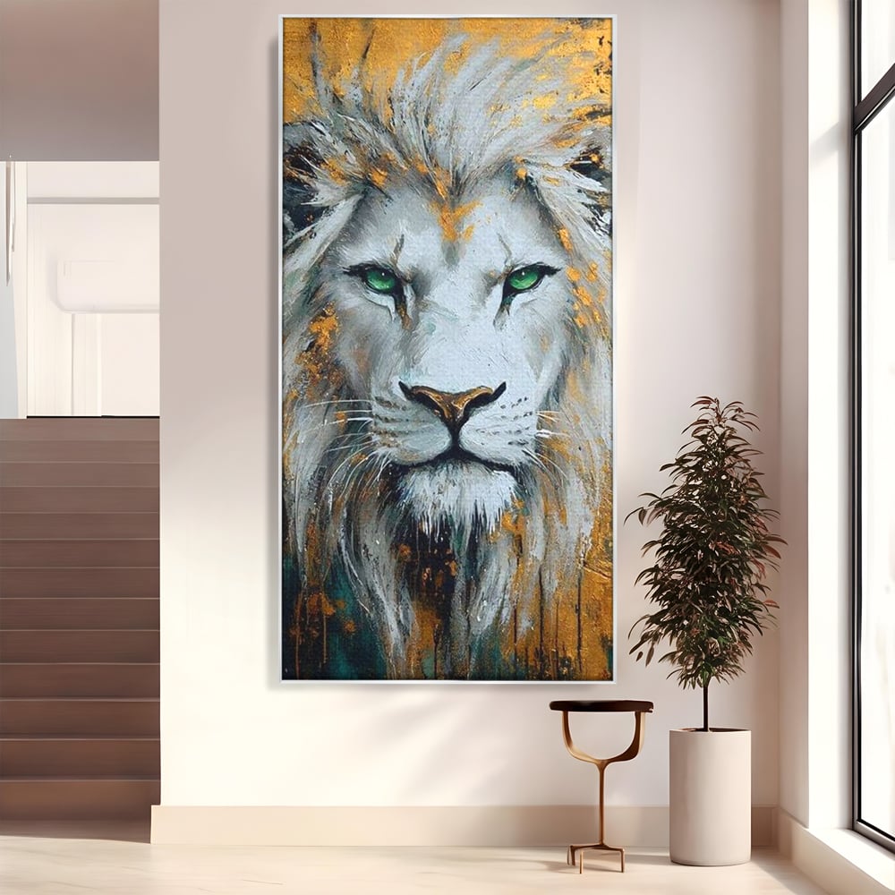 Tablou canvas cu tablou canvas cu leu alb si ochi verzi, in rama de aluminiu argintiu