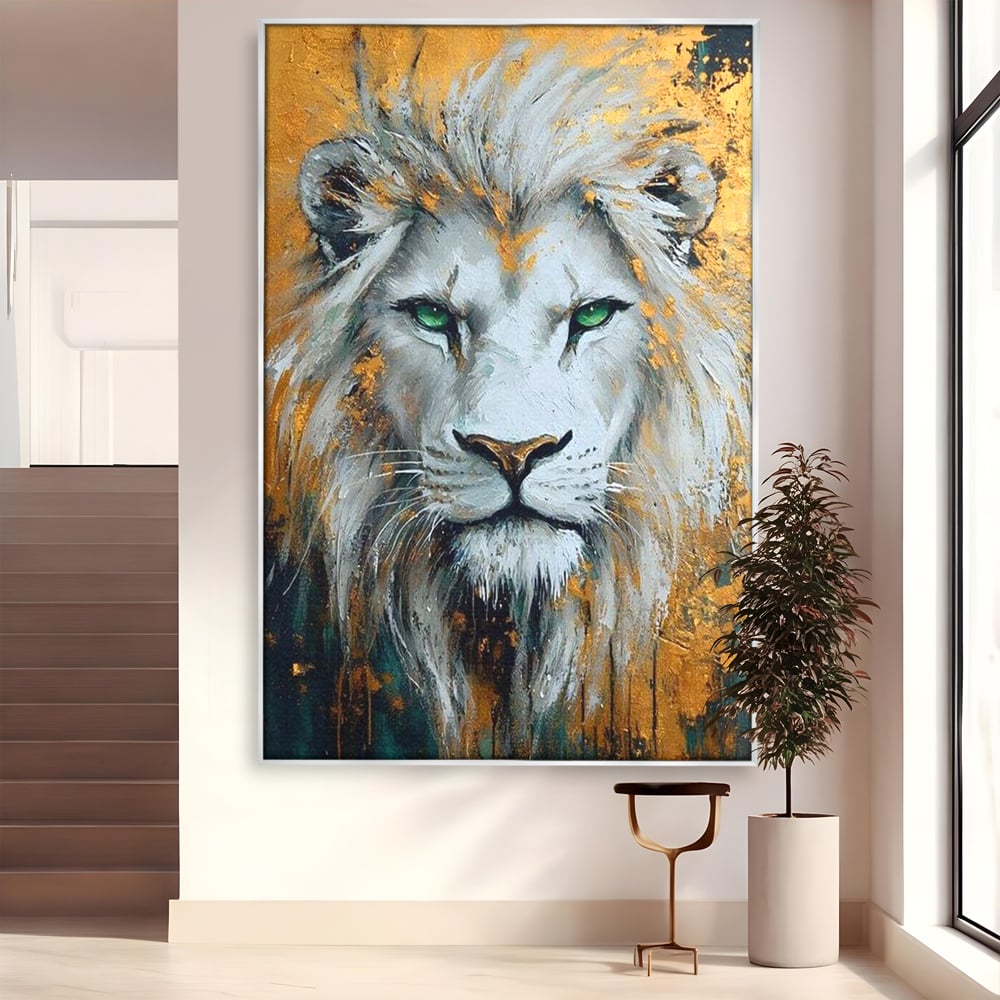 Tablou canvas cu tablou canvas cu leu alb si ochi verzi, in rama de aluminiu argintiu