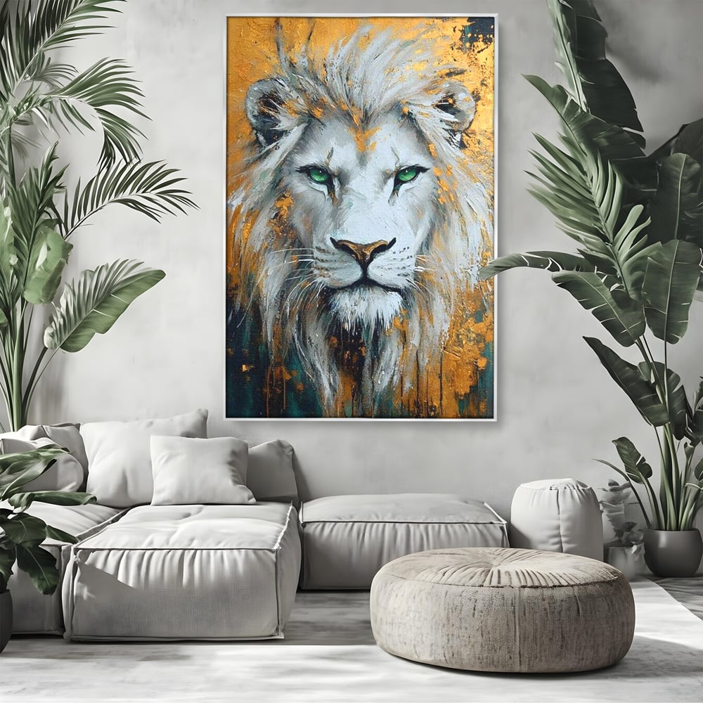 Tablou canvas cu tablou canvas cu leu alb si ochi verzi, in rama de aluminiu argintiu, pe perete intr-un living