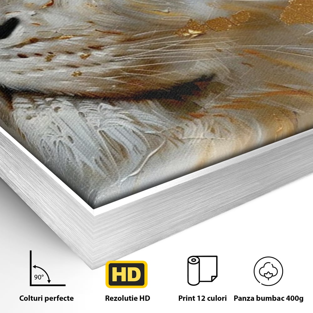Detaliu al suprafetei: pictura cu profil de leu alb si auriu, in rama de aluminiu argintiu