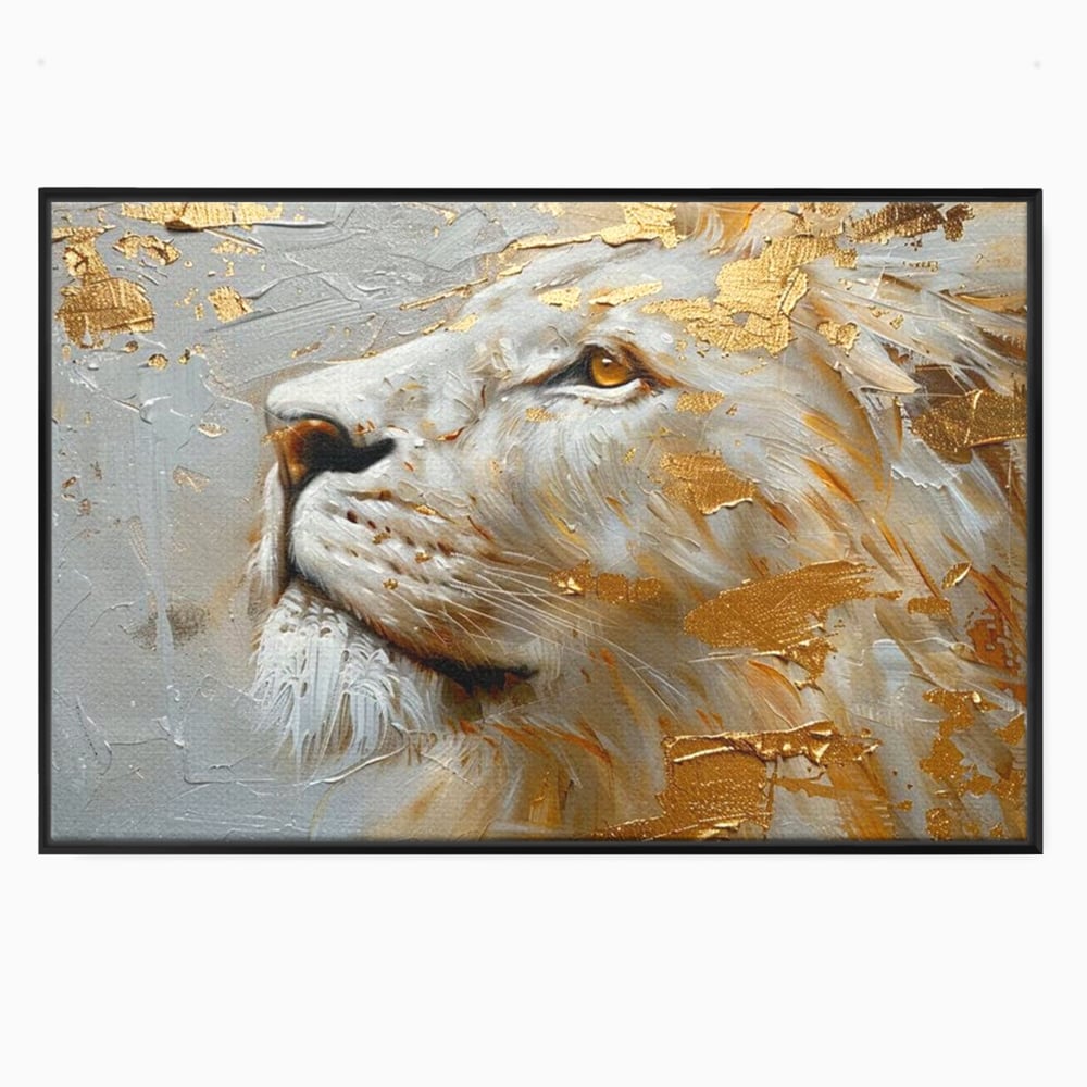 Tablou canvas cu pictura cu profil de leu alb si auriu, in rama de aluminiu negru