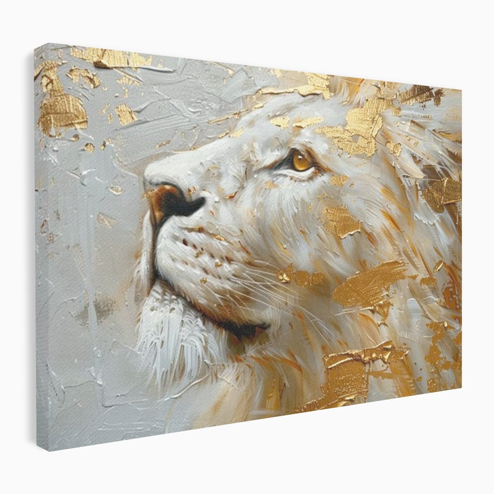 Tablou canvas cu pictura cu profil de leu alb si auriu, fara rama, pe sasiu de lemn