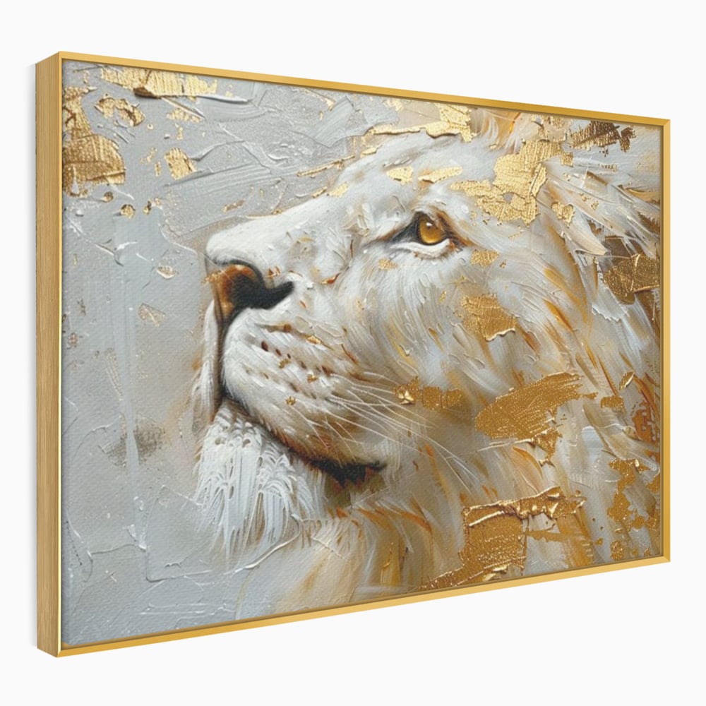 Tablou canvas cu pictura cu profil de leu alb si auriu, in rama de aluminiu auriu