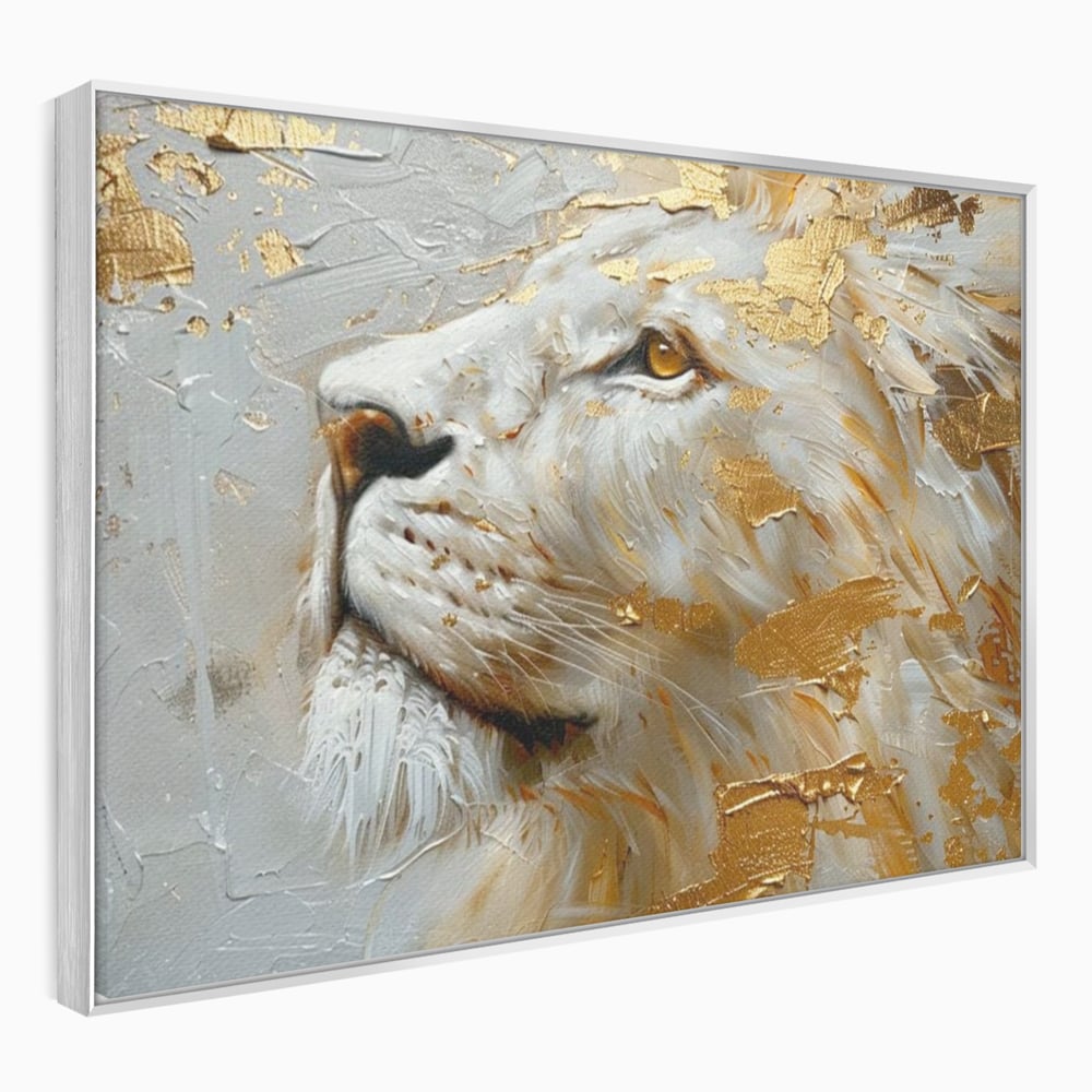 Tablou canvas cu pictura cu profil de leu alb si auriu, in rama de aluminiu argintiu