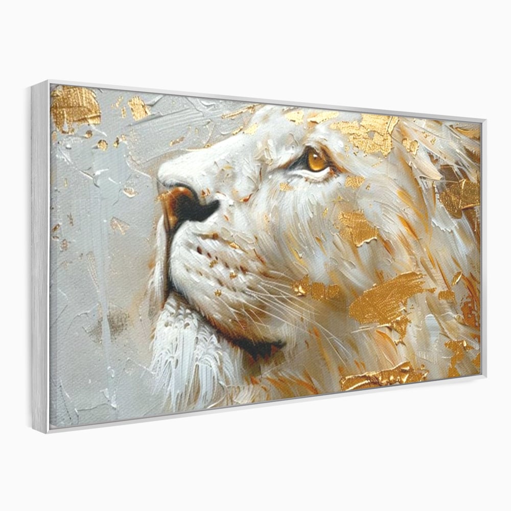 Tablou canvas cu pictura cu profil de leu alb si auriu, in rama de aluminiu argintiu