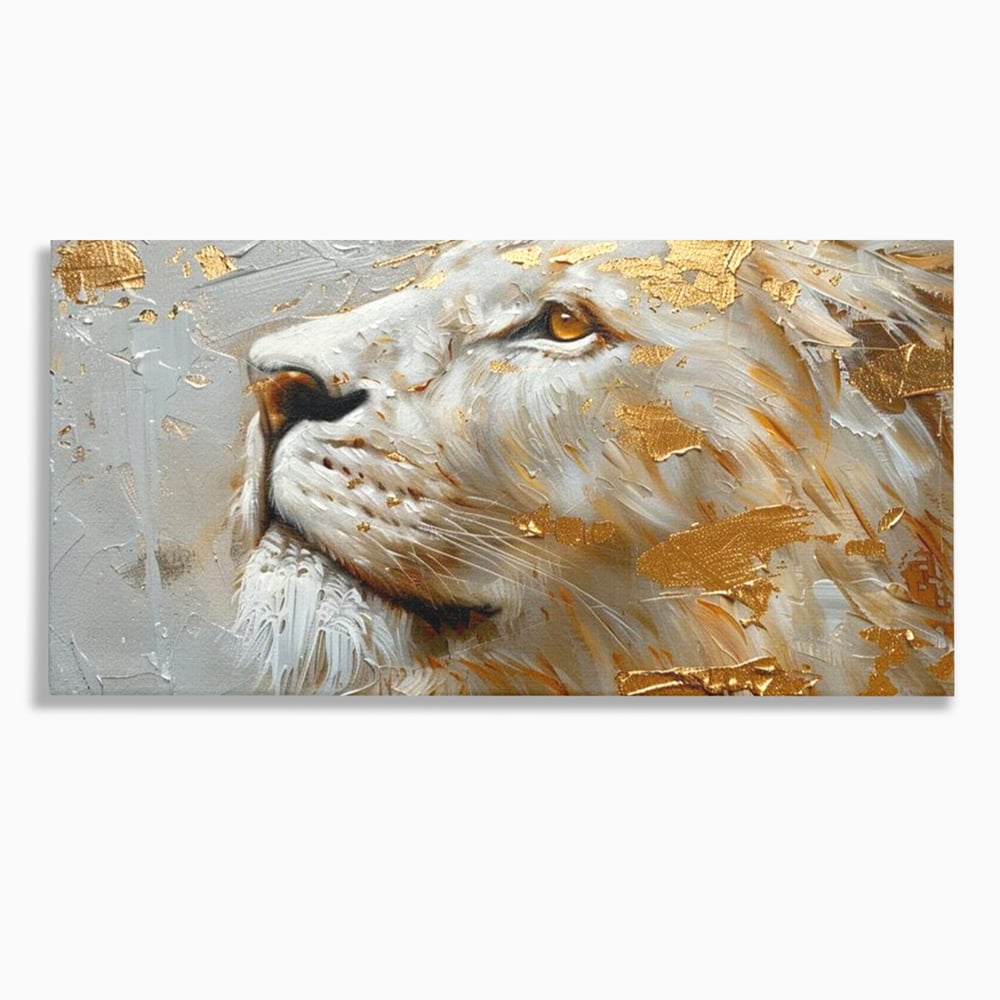 Tablou canvas cu pictura cu profil de leu alb si auriu, fara rama, pe sasiu de lemn