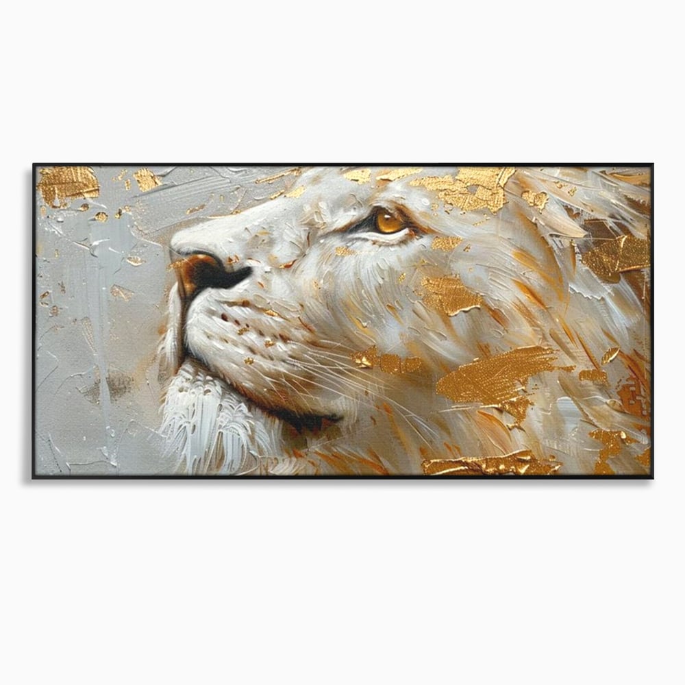 Tablou canvas cu pictura cu profil de leu alb si auriu, in rama de aluminiu negru
