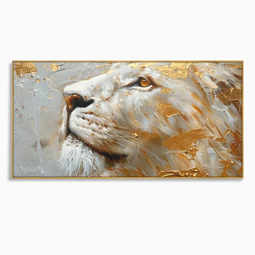 Tablou canvas cu pictura cu profil de leu alb si auriu, in rama de aluminiu auriu