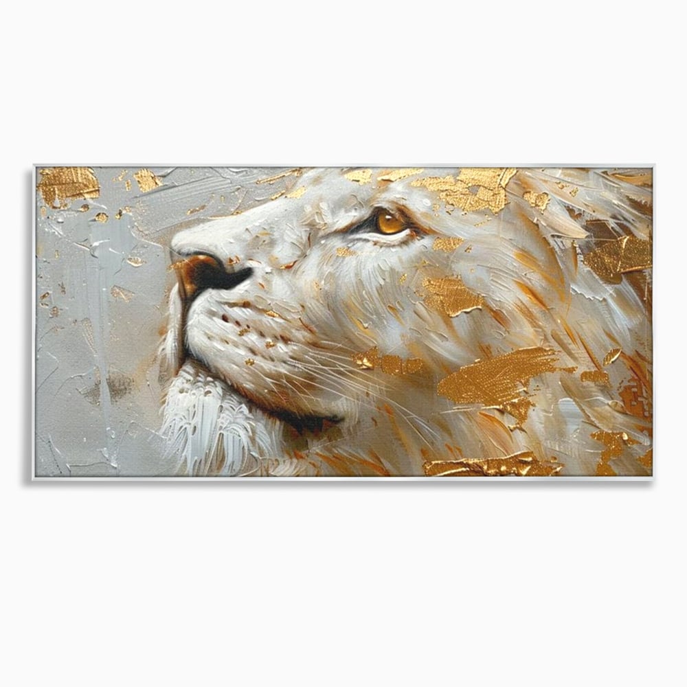 Tablou canvas cu pictura cu profil de leu alb si auriu, in rama de aluminiu argintiu