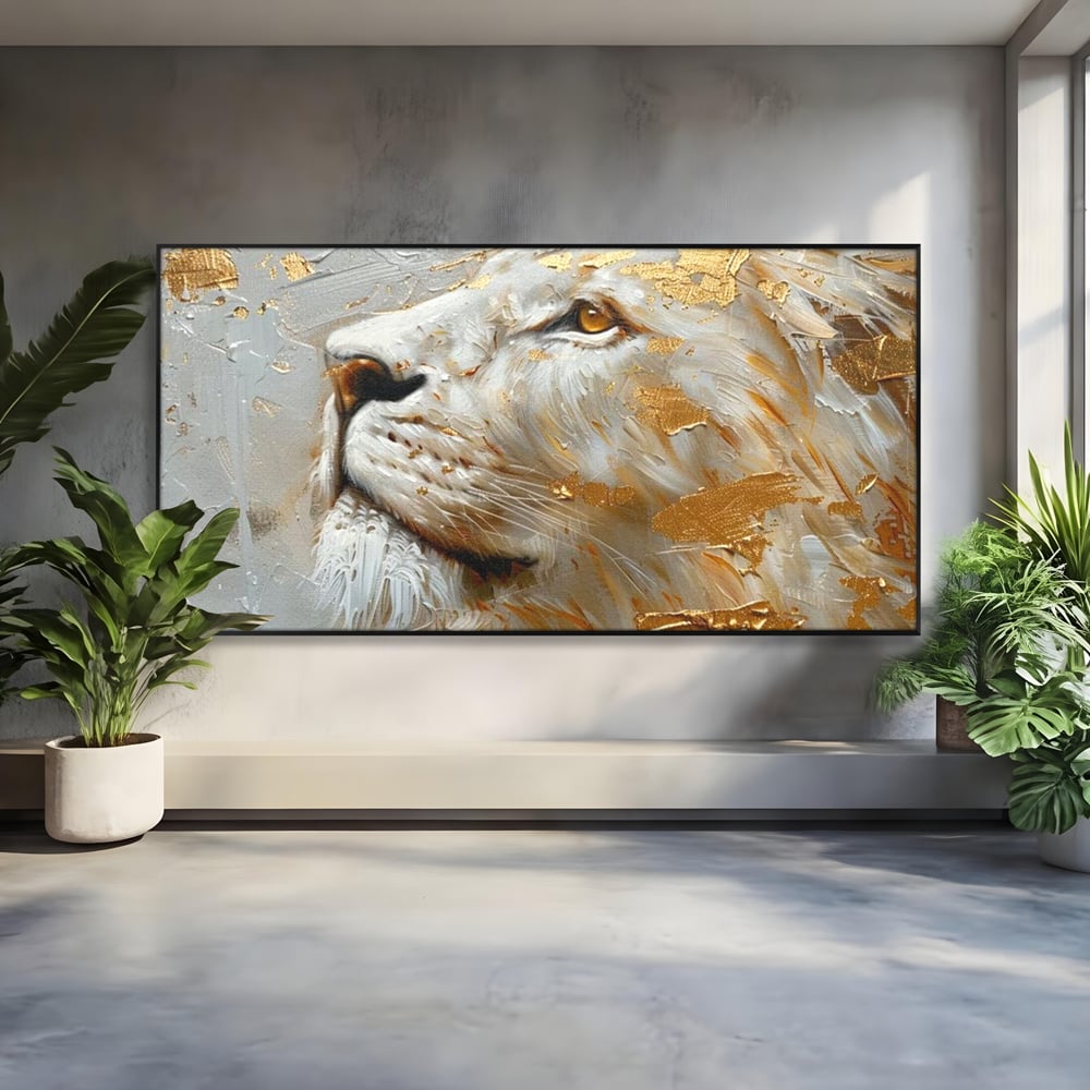 Tablou canvas cu pictura cu profil de leu alb si auriu, in rama de aluminiu negru