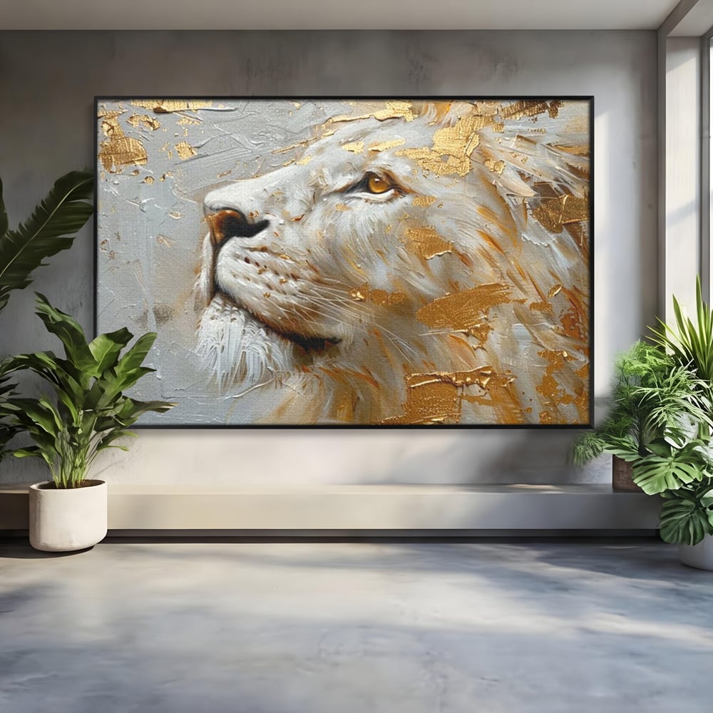 Tablou canvas cu pictura cu profil de leu alb si auriu, in rama de aluminiu negru