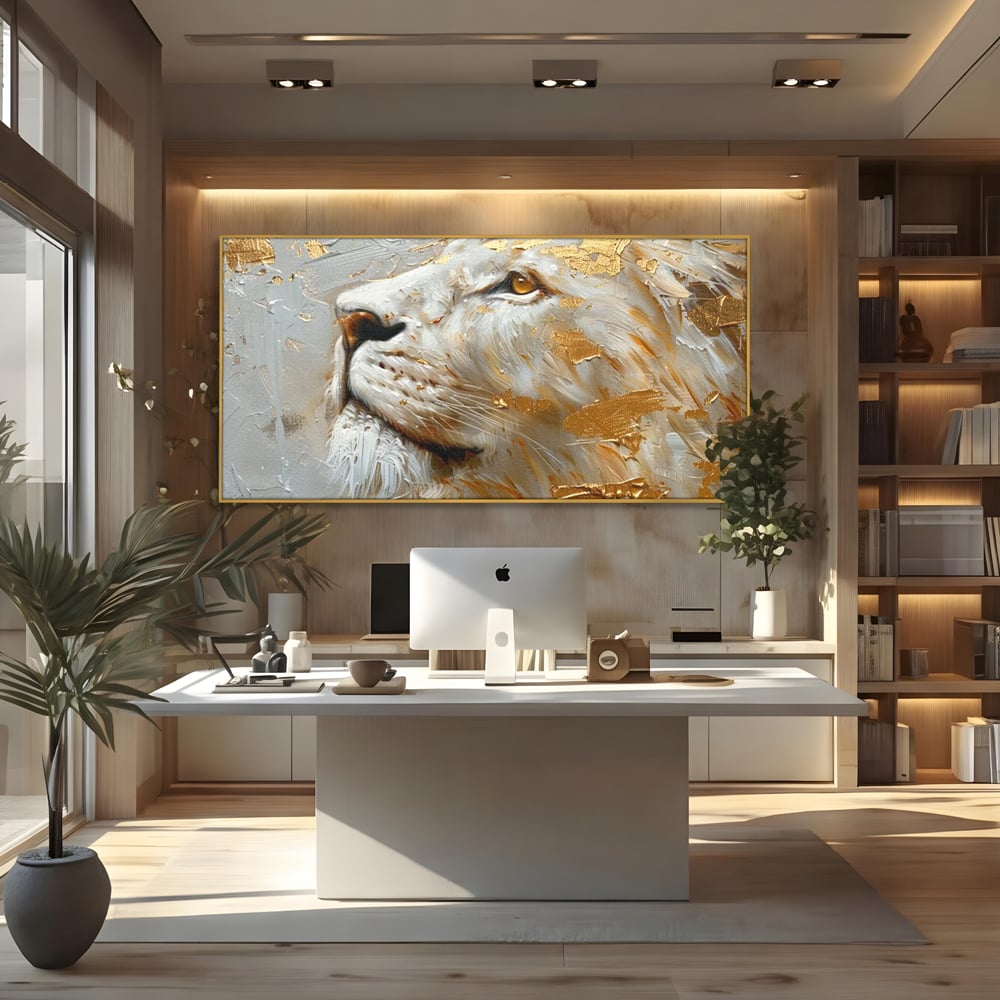 Tablou canvas cu pictura cu profil de leu alb si auriu, in rama de aluminiu auriu, pe perete intr-un birou