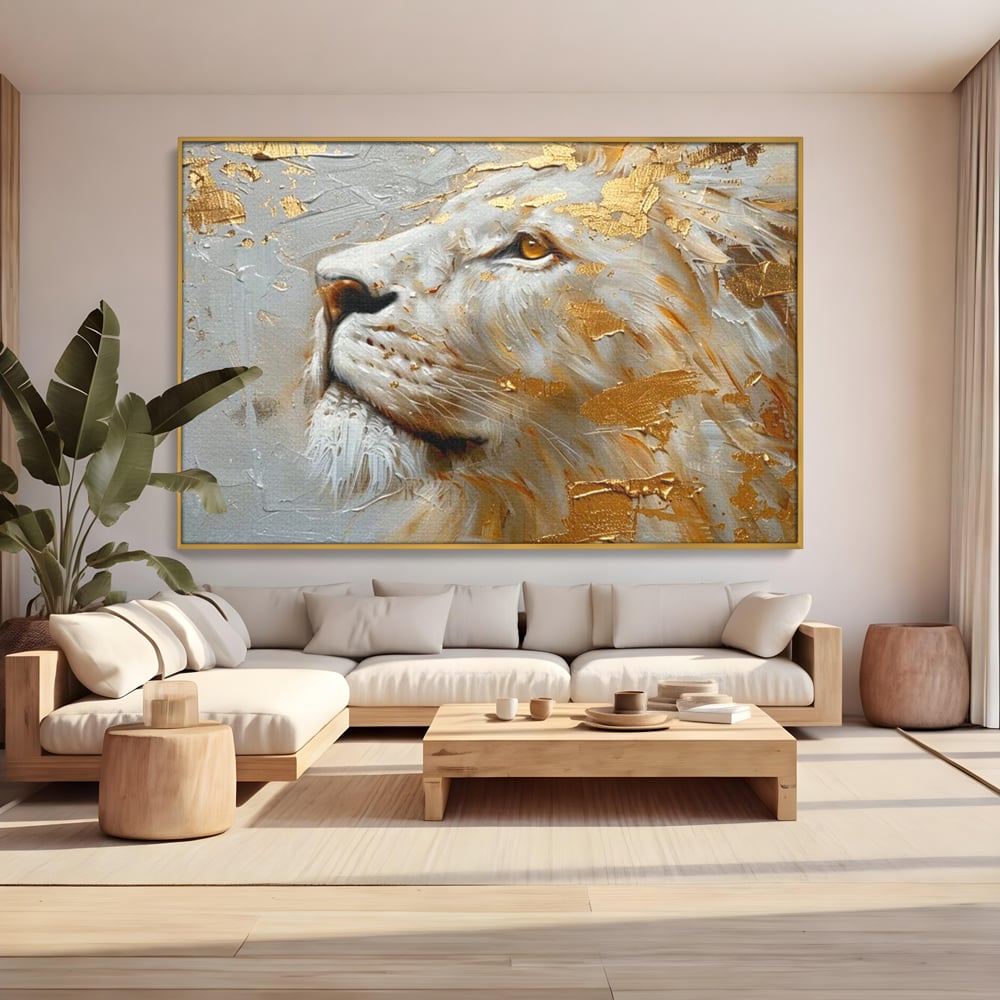 Tablou canvas cu pictura cu profil de leu alb si auriu, in rama de aluminiu auriu, pe perete intr-un living