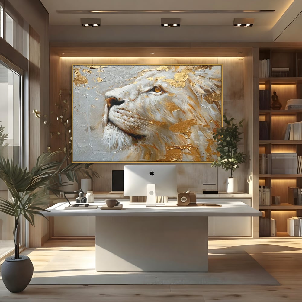 Tablou canvas cu pictura cu profil de leu alb si auriu, in rama de aluminiu auriu, pe perete intr-un birou