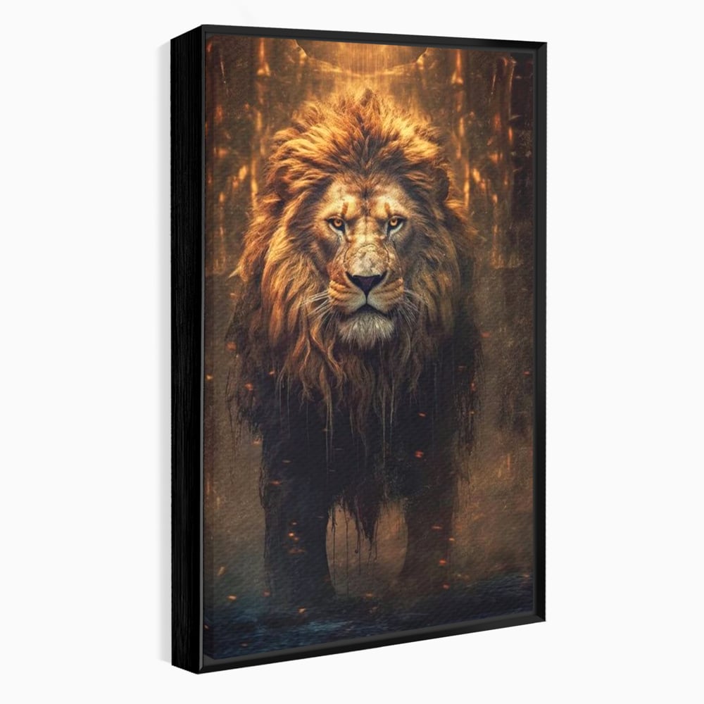 Tablou canvas cu tablou canvas cu portret de leu, in rama de aluminiu negru