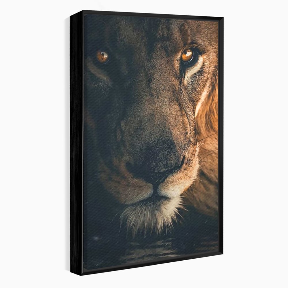 Tablou canvas cu tablou canvas cu prim-plan portret de leu, in rama de aluminiu negru