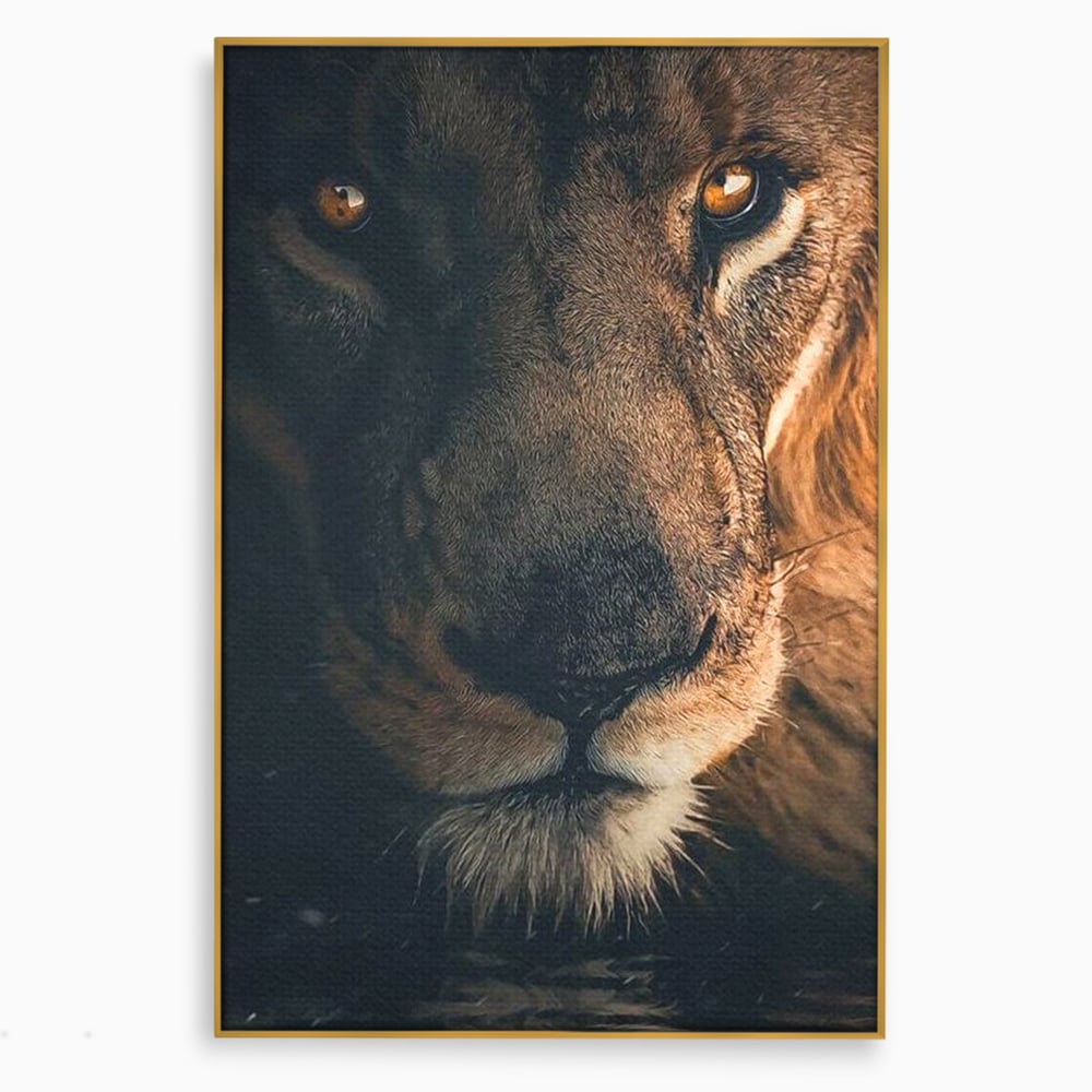 Tablou canvas cu tablou canvas cu prim-plan portret de leu, in rama de aluminiu auriu