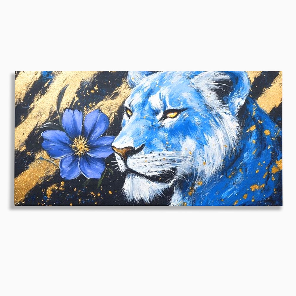 Tablou canvas cu tablou canvas cu leoaica albastra si floare, fara rama, pe sasiu de lemn