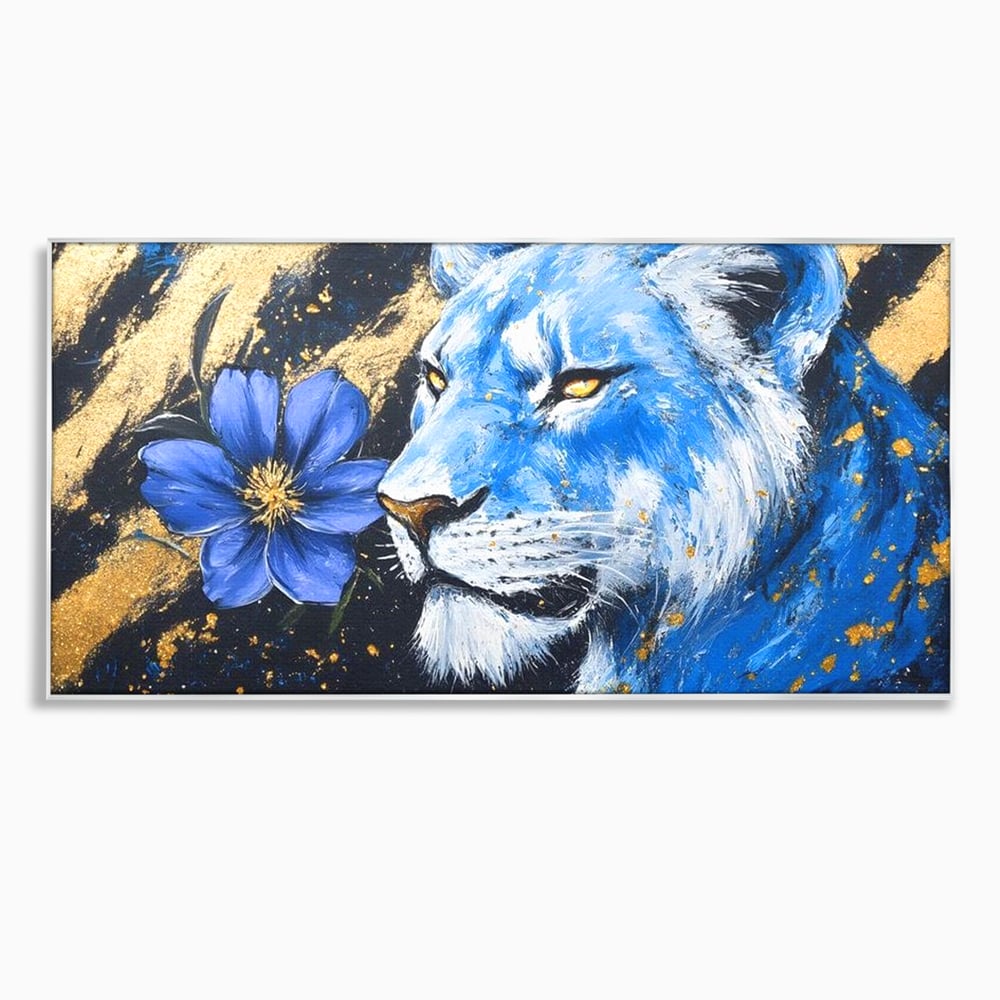 Tablou canvas cu tablou canvas cu leoaica albastra si floare, in rama de aluminiu argintiu