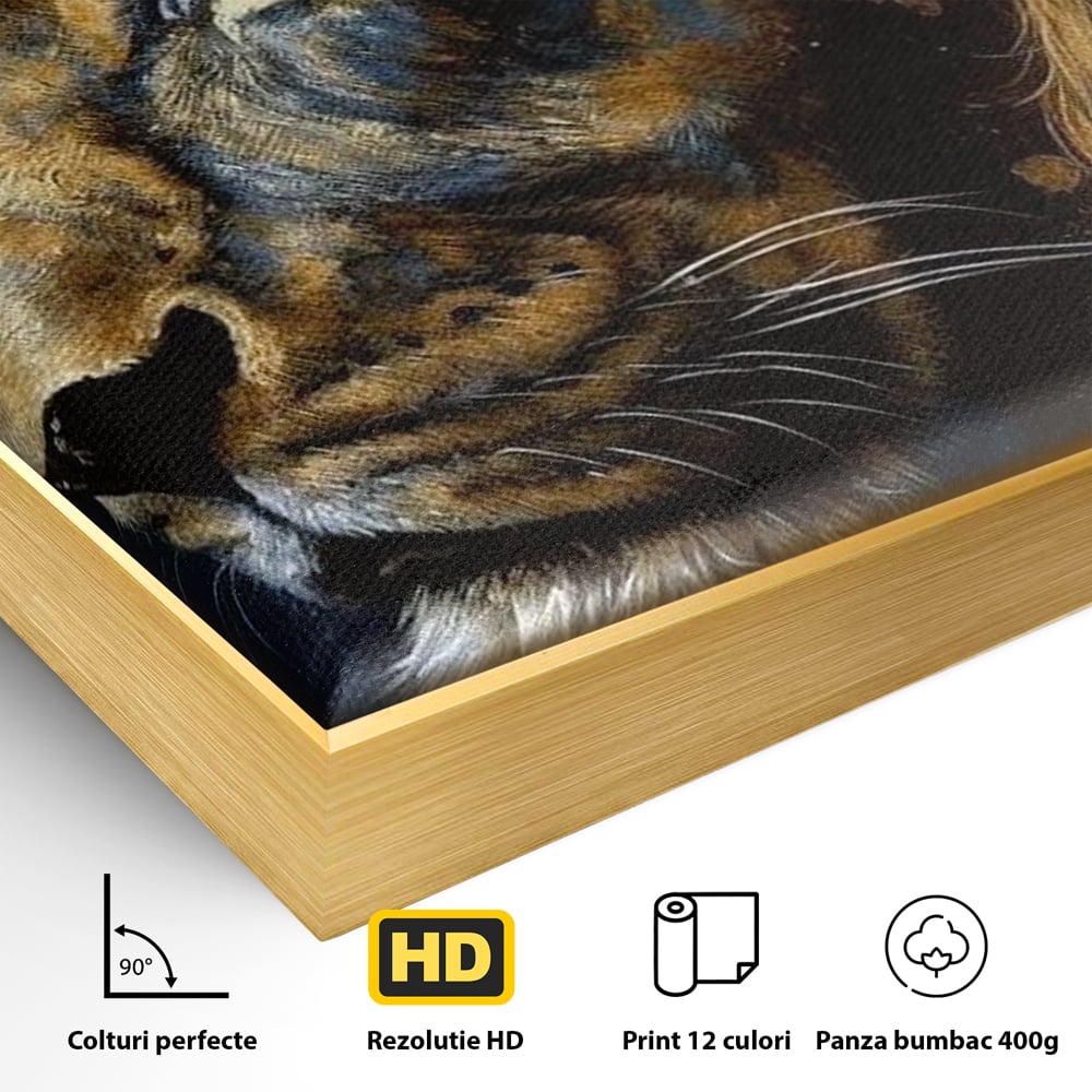 Detaliu al suprafetei: tablou canvas cu leu in profil, in rama de aluminiu auriu
