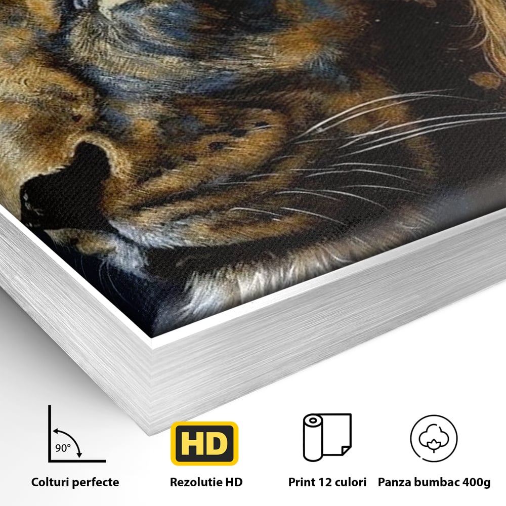 Detaliu al suprafetei: tablou canvas cu leu in profil, in rama de aluminiu argintiu