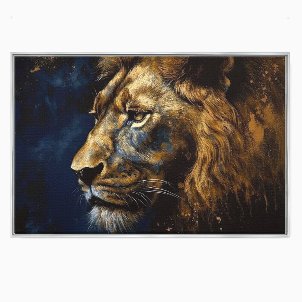 Tablou canvas cu tablou canvas cu leu in profil, in rama de aluminiu argintiu