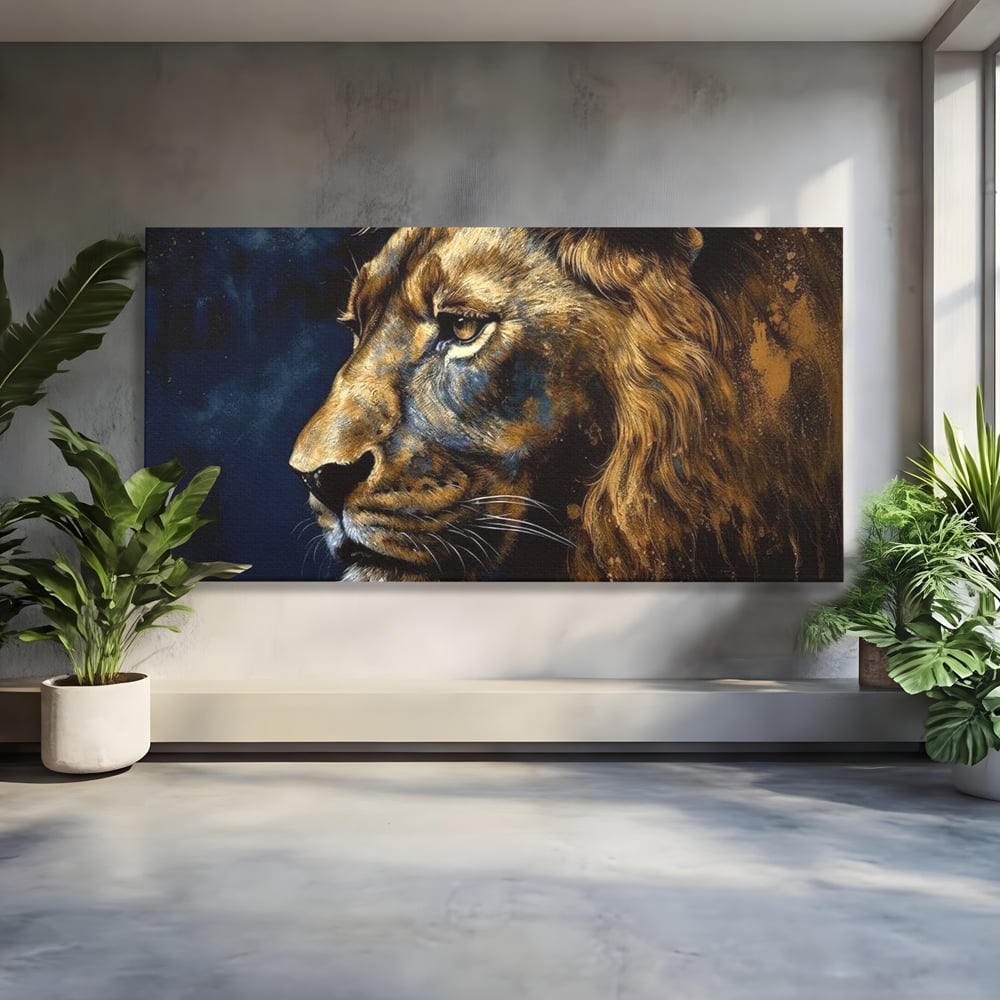 Tablou canvas cu tablou canvas cu leu in profil, fara rama, pe sasiu de lemn