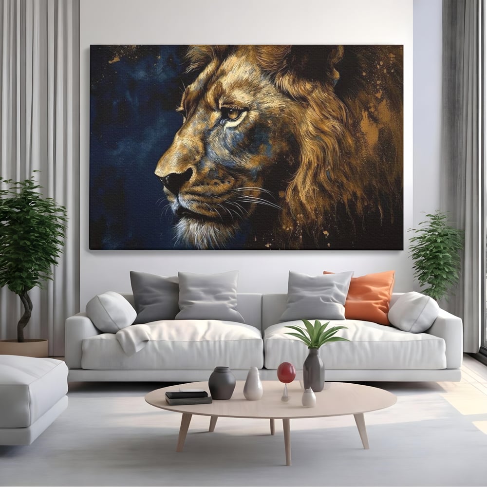 Tablou canvas cu tablou canvas cu leu in profil, fara rama, pe sasiu de lemn, pe perete intr-un living