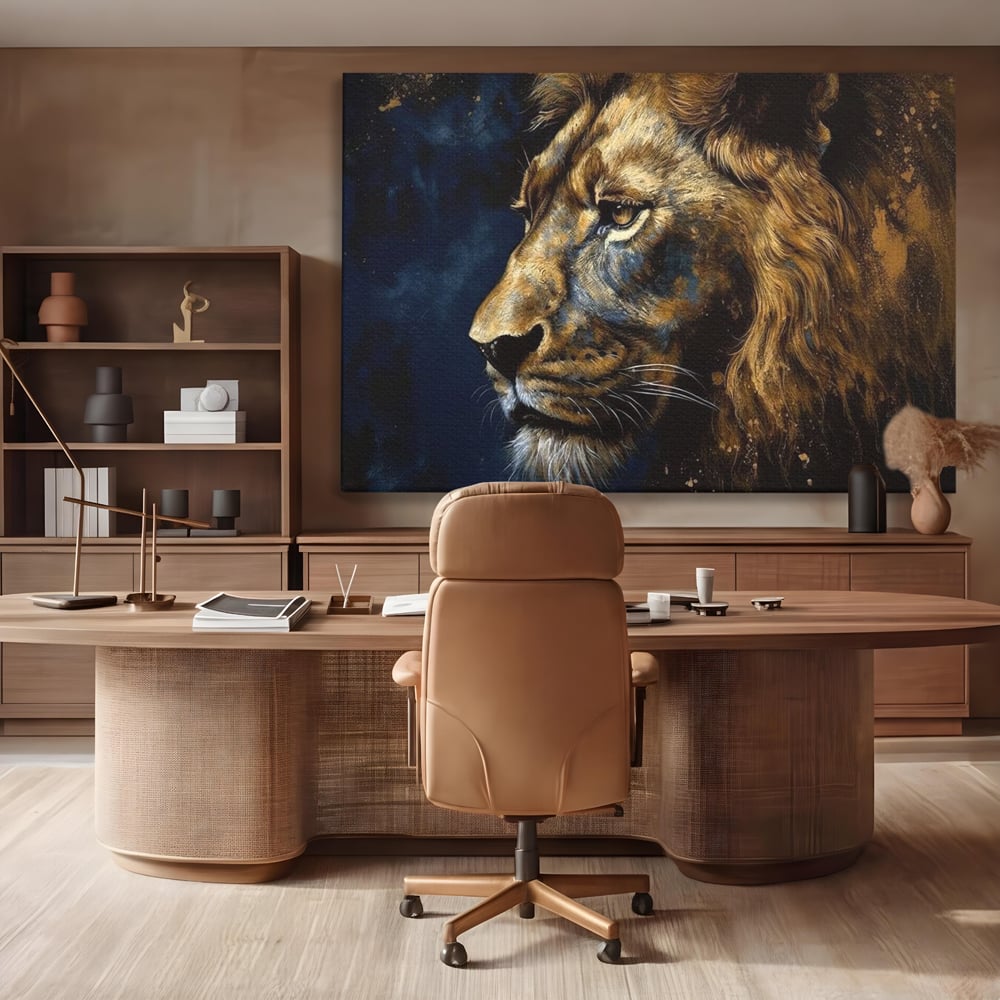 Tablou canvas cu tablou canvas cu leu in profil, fara rama, pe sasiu de lemn, pe perete intr-un birou