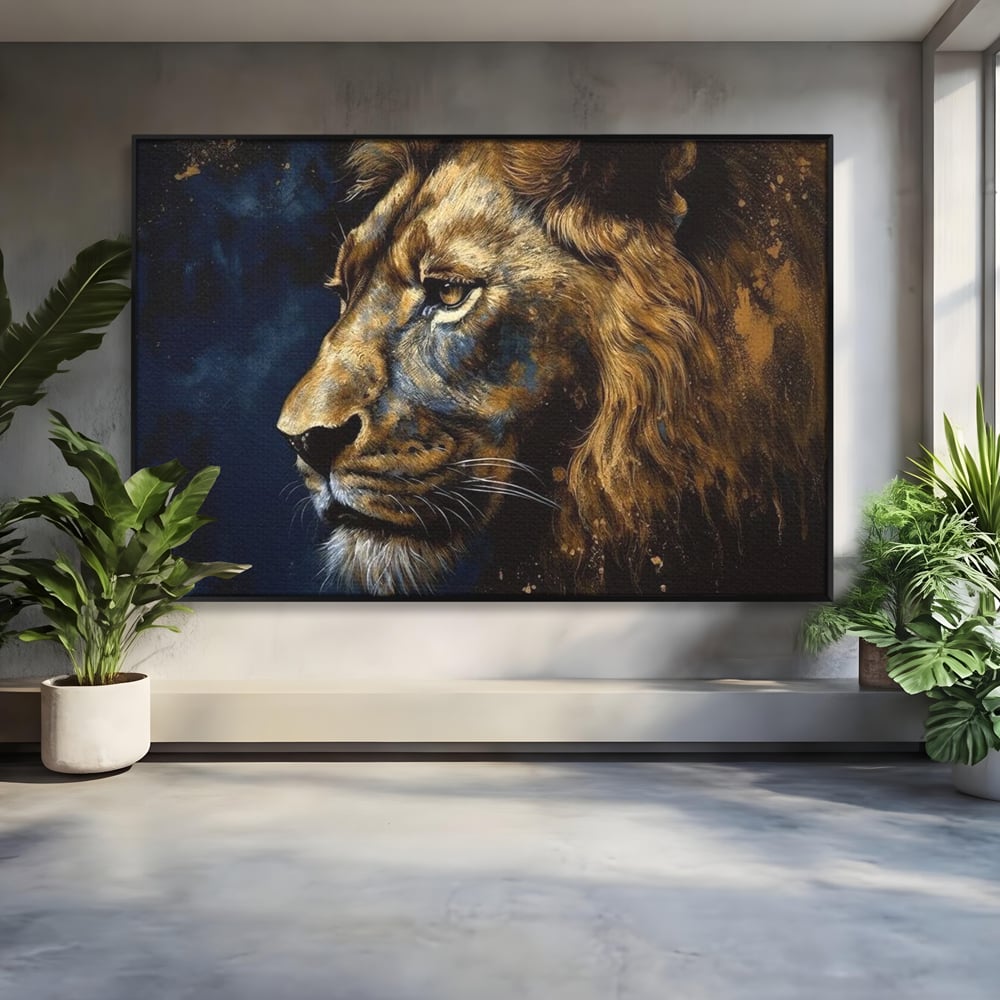 Tablou canvas cu tablou canvas cu leu in profil, in rama de aluminiu negru