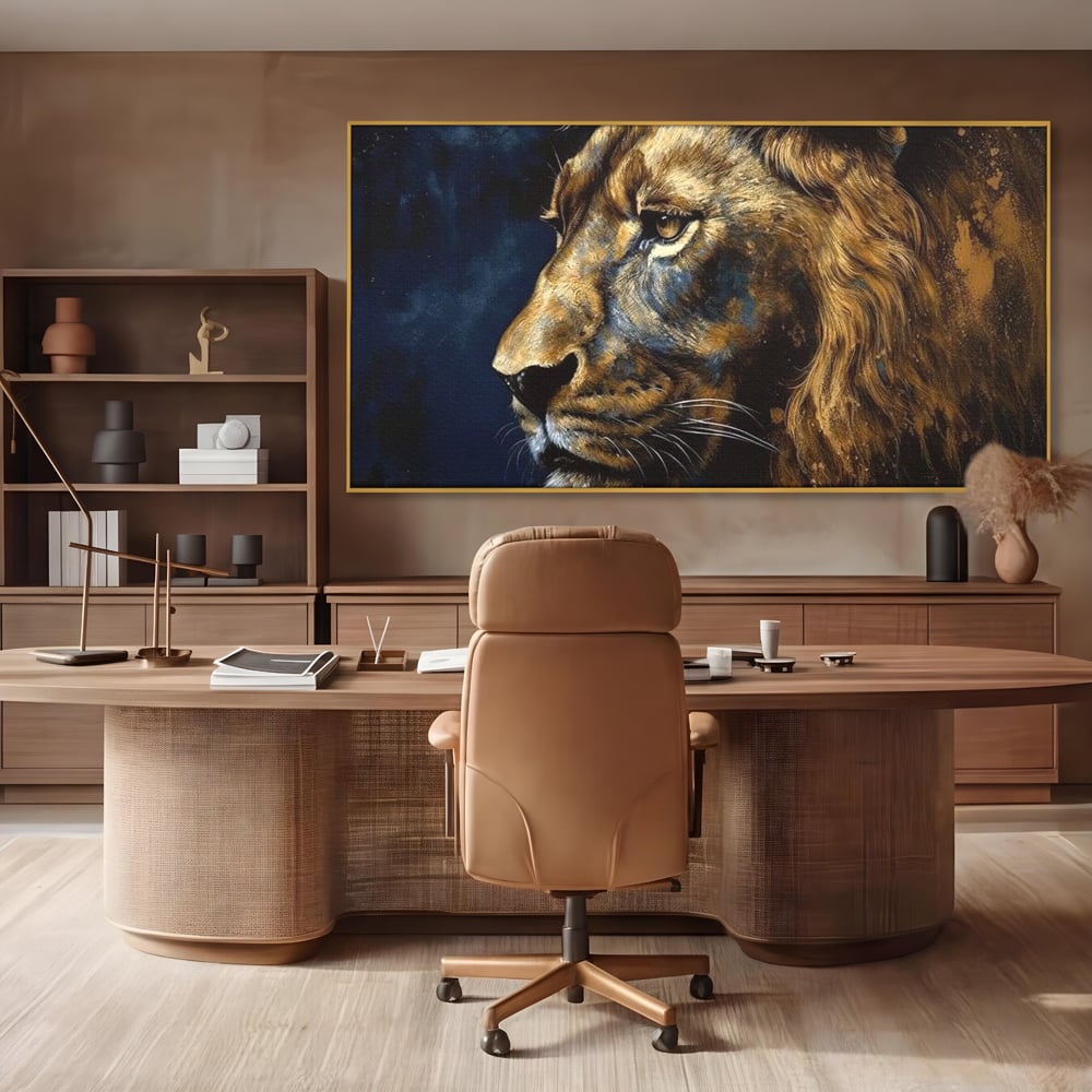 Tablou canvas cu tablou canvas cu leu in profil, in rama de aluminiu auriu, pe perete intr-un birou