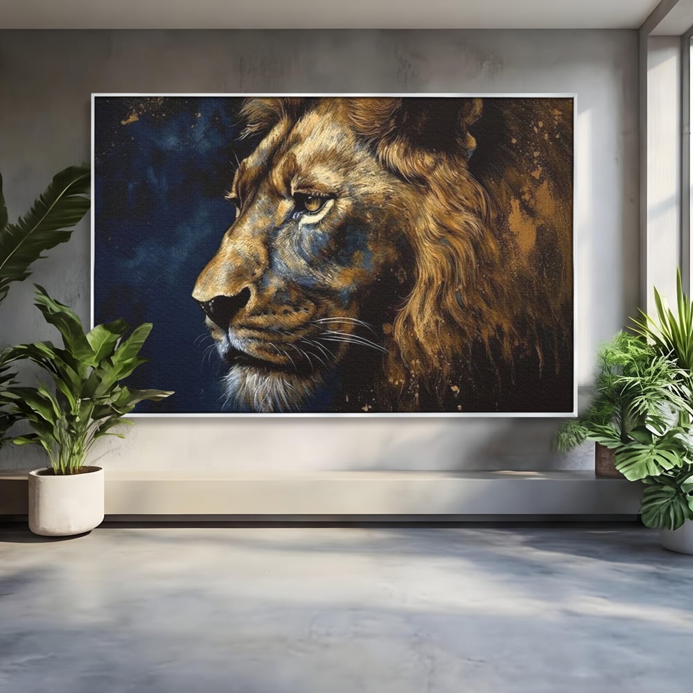 Tablou canvas cu tablou canvas cu leu in profil, in rama de aluminiu argintiu