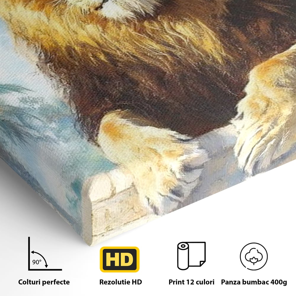 Detaliu al suprafetei: tablou canvas cu leu intre coloane, fara rama, pe sasiu de lemn