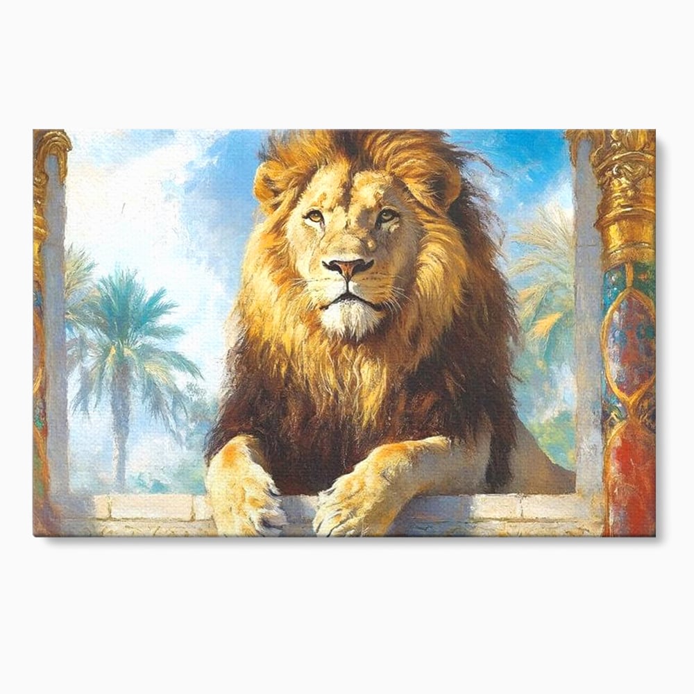 Tablou canvas cu tablou canvas cu leu intre coloane, fara rama, pe sasiu de lemn