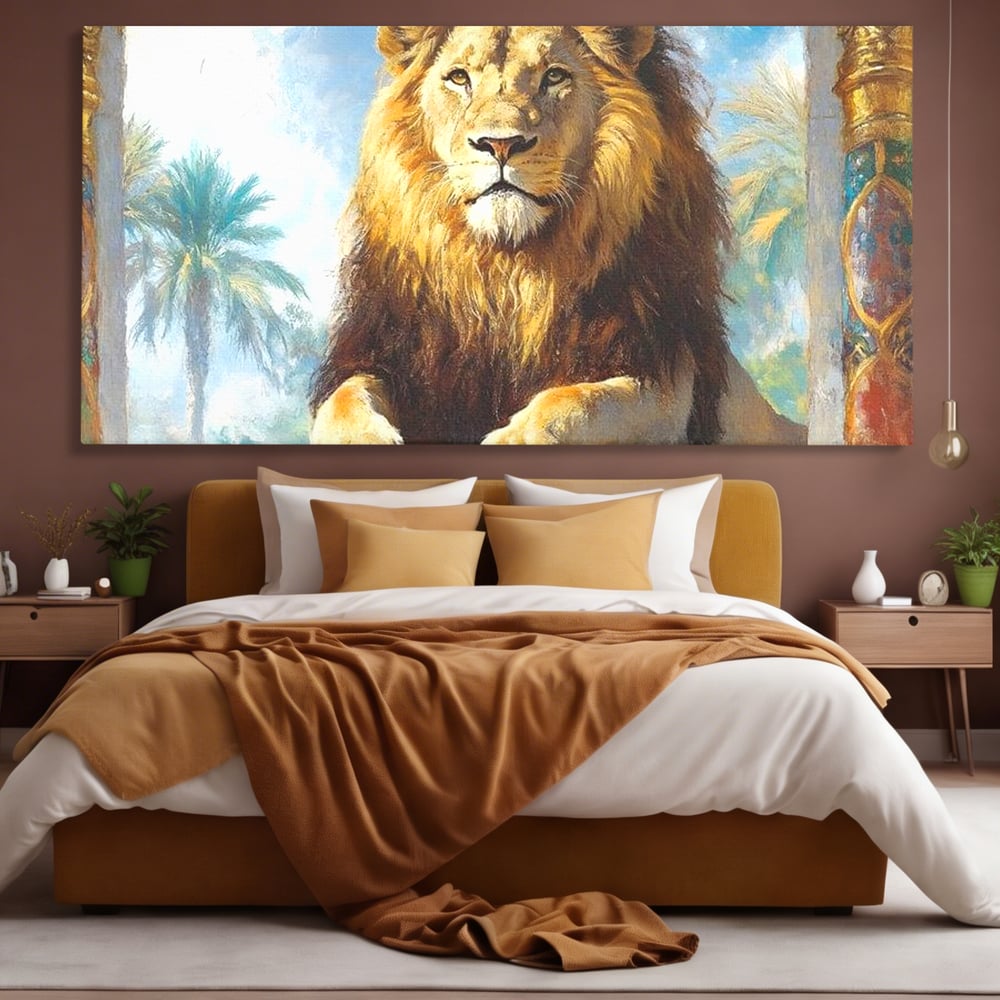 Tablou canvas cu tablou canvas cu leu intre coloane, fara rama, pe sasiu de lemn, pe perete intr-un dormitor