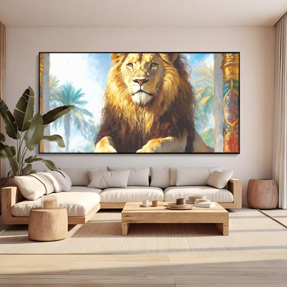 Tablou canvas cu tablou canvas cu leu intre coloane, in rama de aluminiu negru, pe perete intr-un living