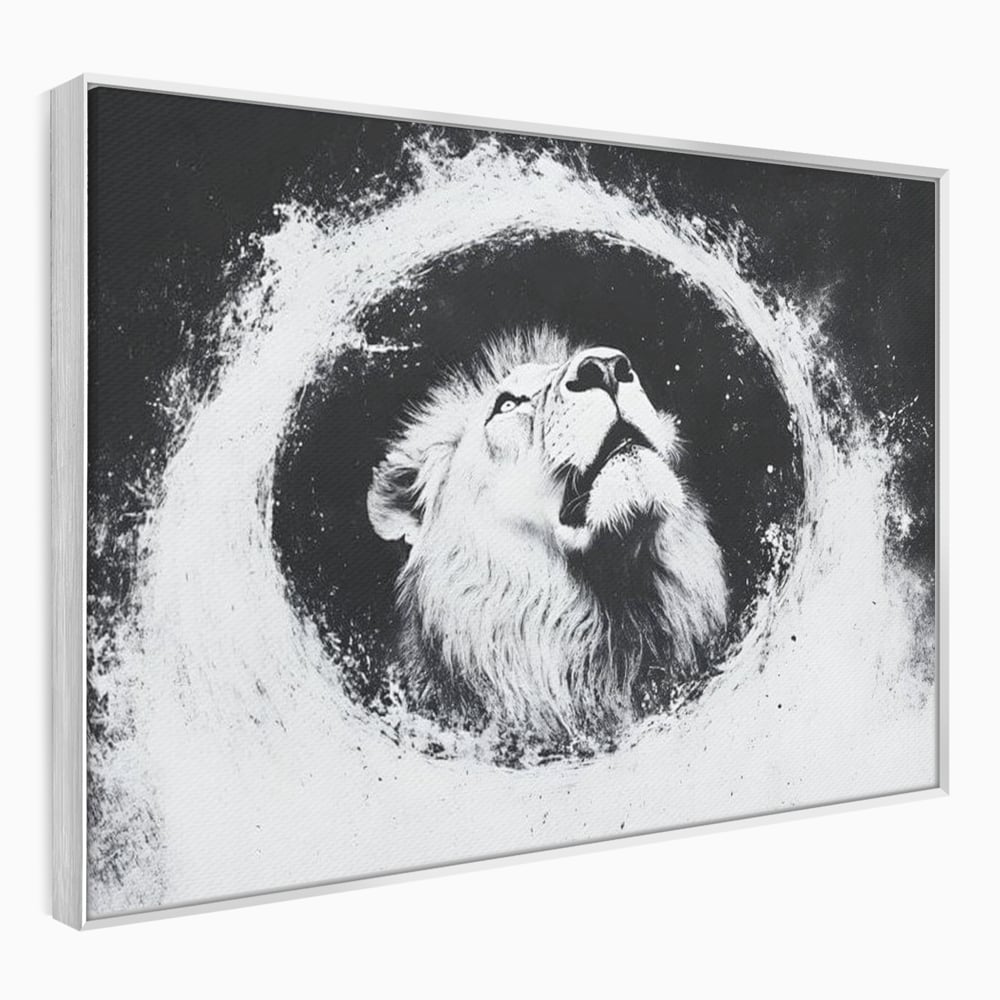 Tablou canvas cu tablou canvas cu leu alb si negru, in rama de aluminiu argintiu