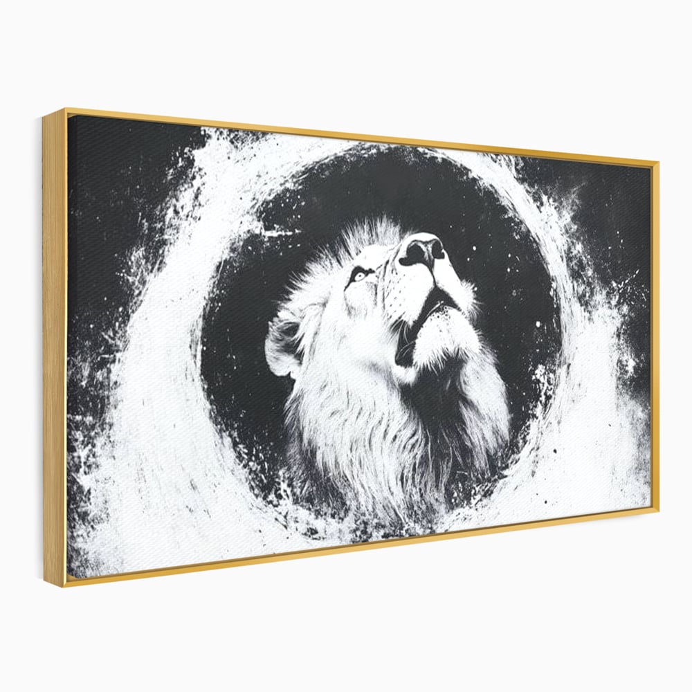 Tablou canvas cu tablou canvas cu leu alb si negru, in rama de aluminiu auriu