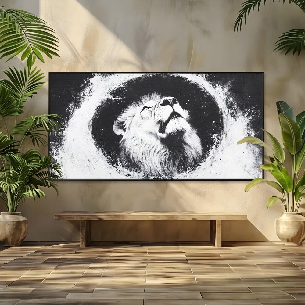 Tablou canvas cu tablou canvas cu leu alb si negru, in rama de aluminiu negru