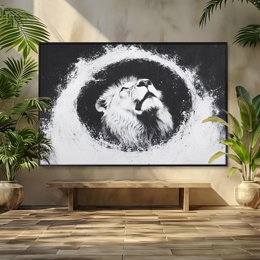 Tablou canvas cu tablou canvas cu leu alb si negru, in rama de aluminiu negru