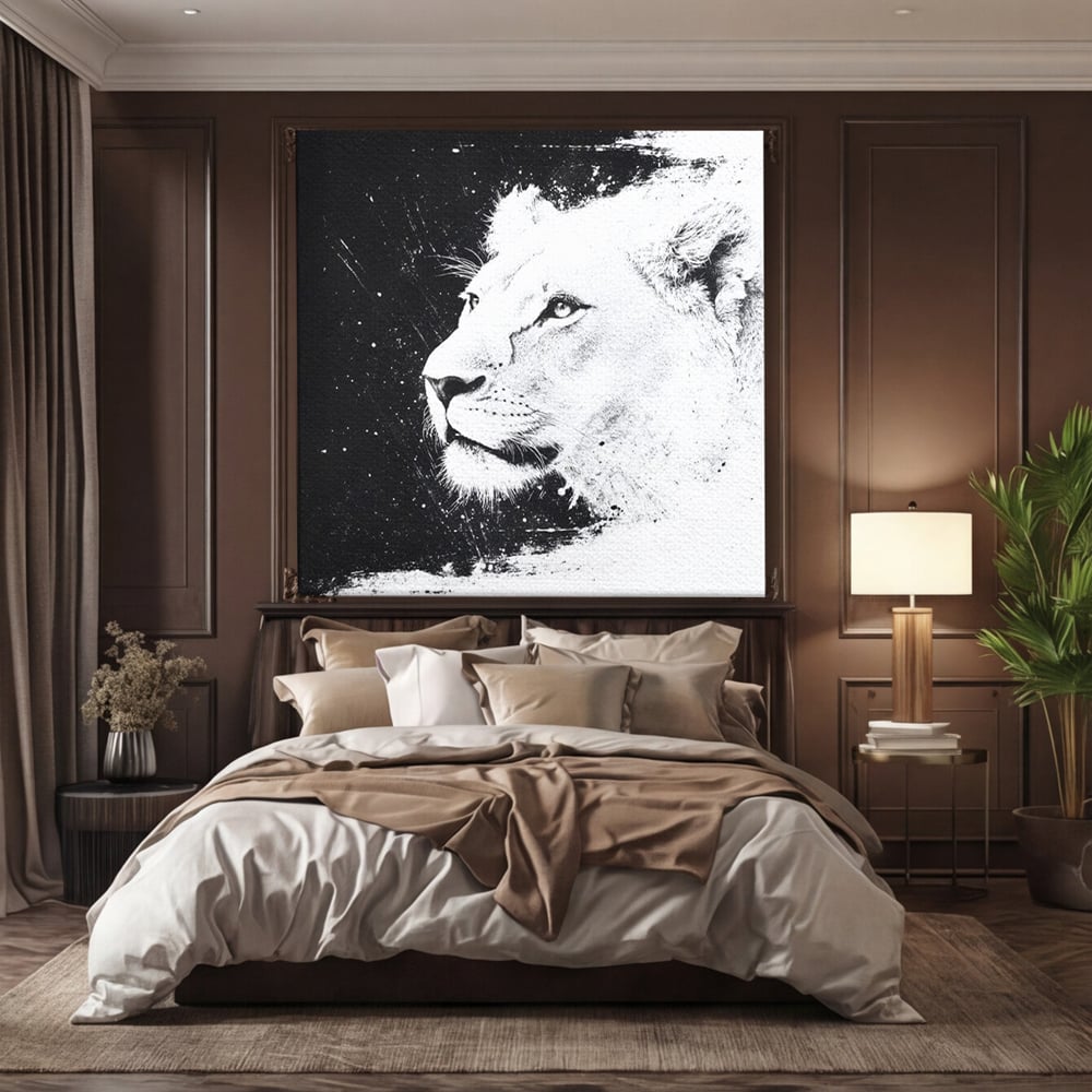 Tablou canvas cu tablou canvas cu leoaica in profil, fara rama, pe sasiu de lemn, pe perete intr-un dormitor