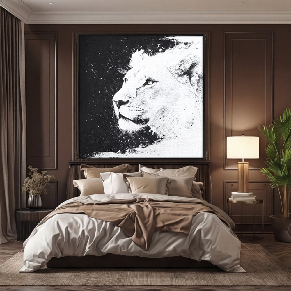 Tablou canvas cu tablou canvas cu leoaica in profil, in rama de aluminiu negru, pe perete intr-un dormitor