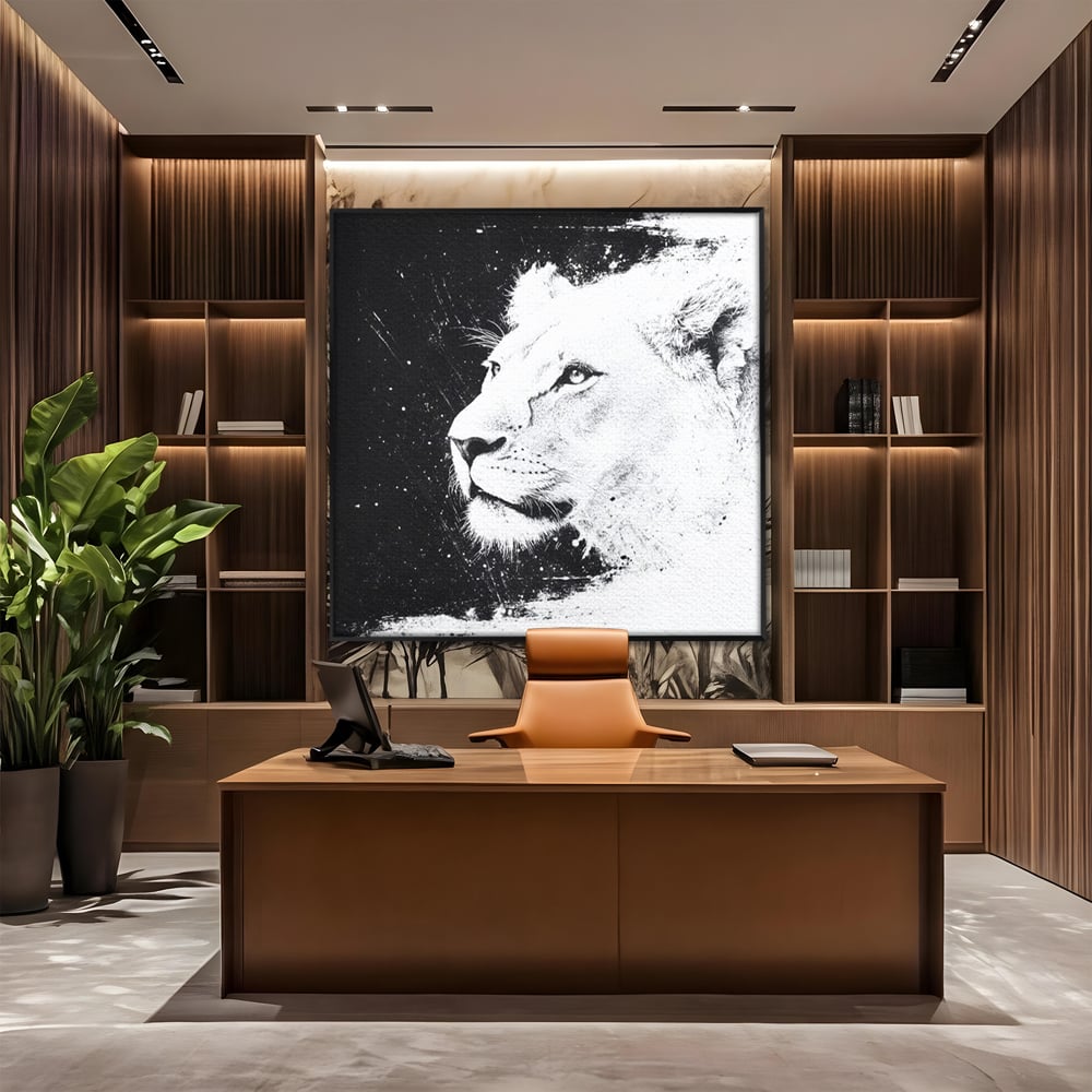 Tablou canvas cu tablou canvas cu leoaica in profil, in rama de aluminiu negru, pe perete intr-un birou