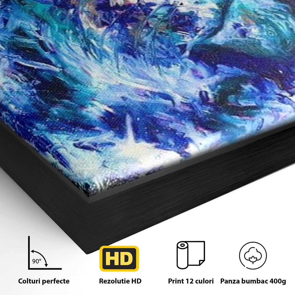 Detaliu al suprafetei: tablou canvas cu leu albastru cosmic, in rama de aluminiu negru