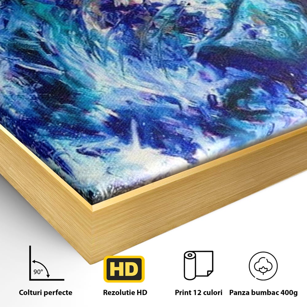 Detaliu al suprafetei: tablou canvas cu leu albastru cosmic, in rama de aluminiu auriu