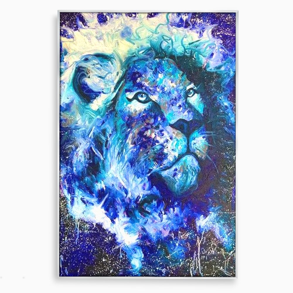 Tablou canvas cu tablou canvas cu leu albastru cosmic, in rama de aluminiu argintiu